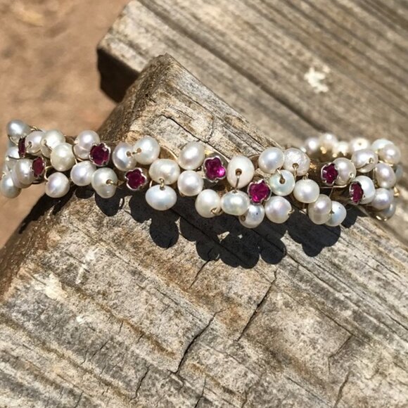 Austro Hungarian AAA Ruby Pearl Gilded Sterling Silver Bracelet Rare Antique 925 - Picture 2 of 10